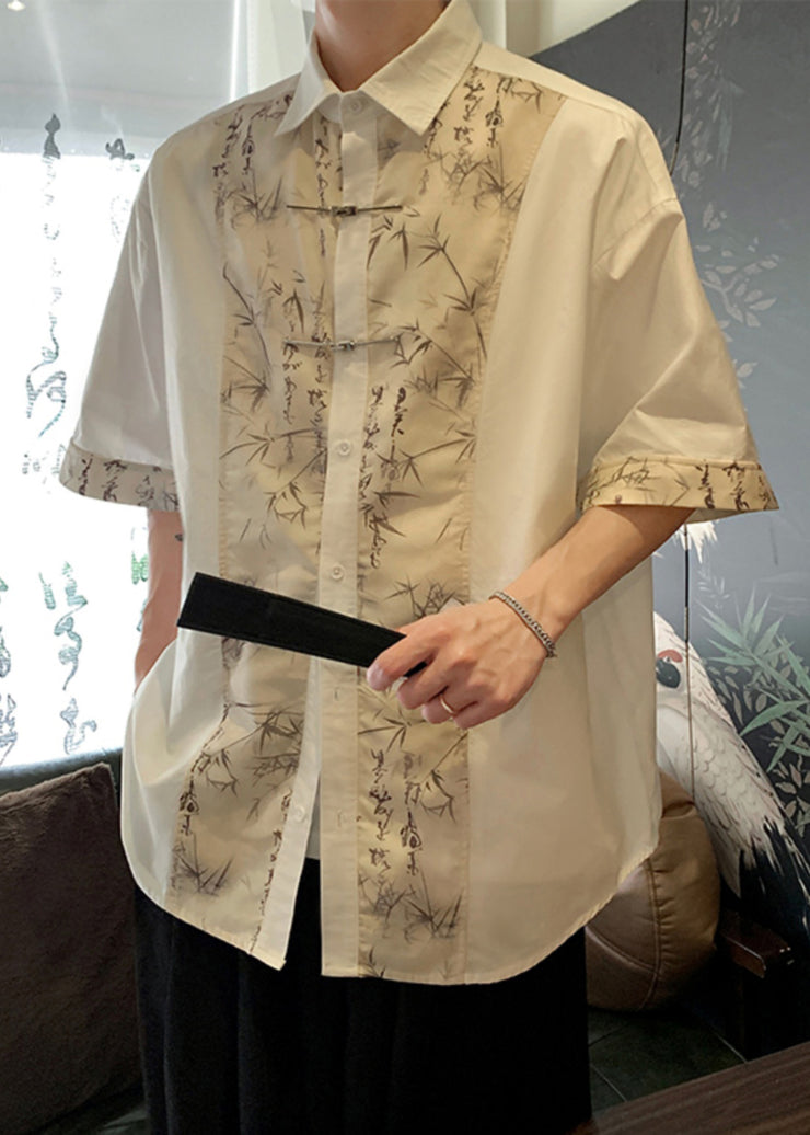 Chinese Style White Peter Pan Collar Print Ice Silk Shirt Men Summer