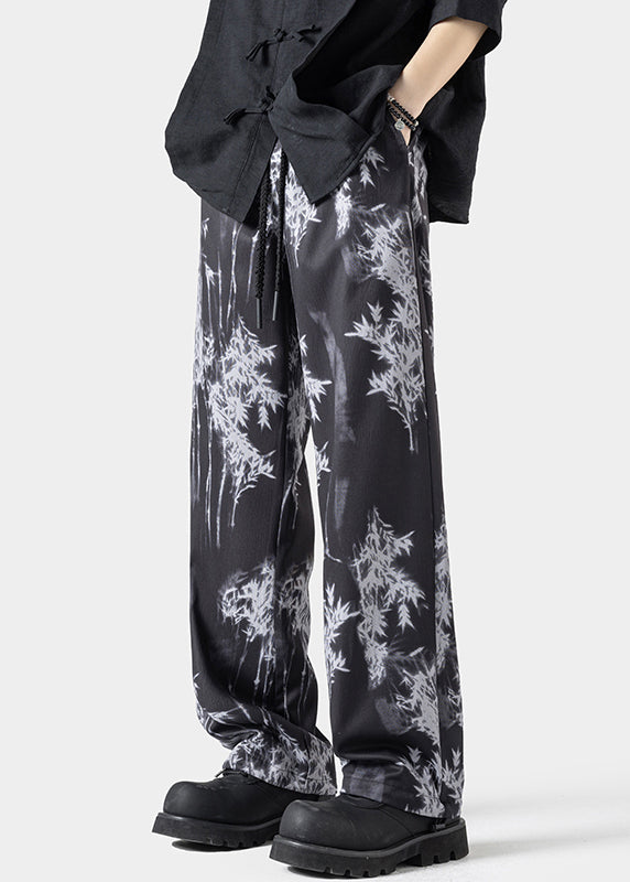 Chinese Style White Pockets Print Ice Silk Mens Pants Summer