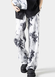 Chinese Style White Pockets Print Ice Silk Mens Pants Summer