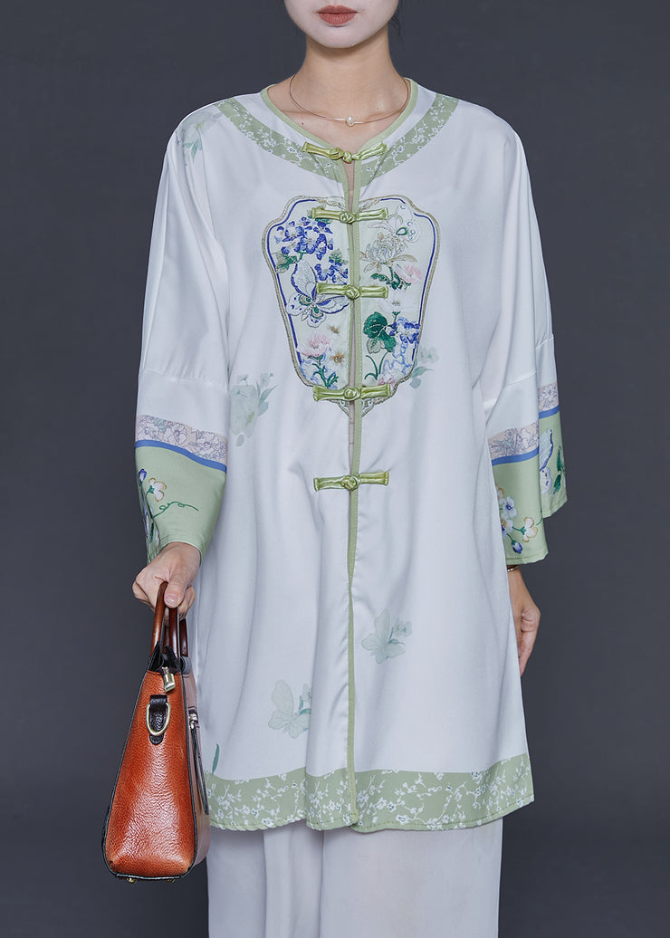 Chinese Style White Print Chiffon Shirts Spring