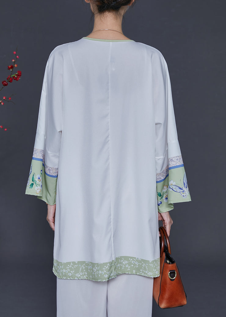 Chinese Style White Print Chiffon Shirts Spring