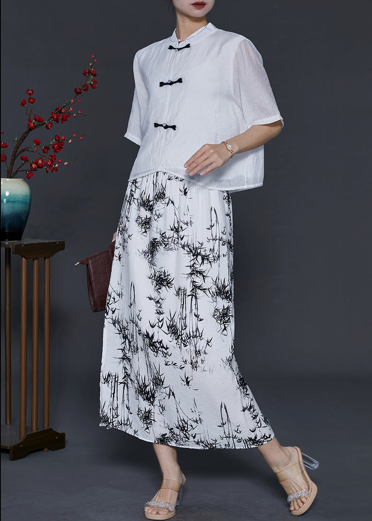 Chinese Style White Print Cotton Two Piece Set Women Clothing Summer