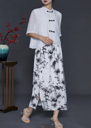 Chinese Style White Print Cotton Two Piece Set Women Clothing Summer