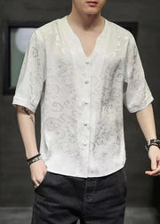 Chinese Style White Print Ice Silk Men Graphic T Shirts Summer