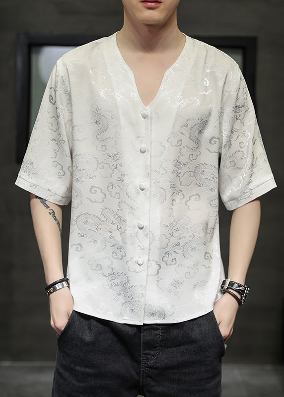 Chinese Style White Print Ice Silk Men Graphic T Shirts Summer