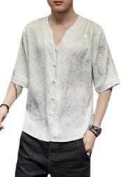 Chinese Style White Print Ice Silk Men Graphic T Shirts Summer