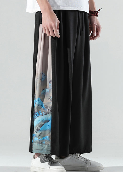 Chinese Style White Print Patchwork Ice Silk Wide Leg Pants Men Summer