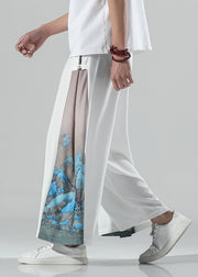 Chinese Style White Print Patchwork Ice Silk Wide Leg Pants Men Summer