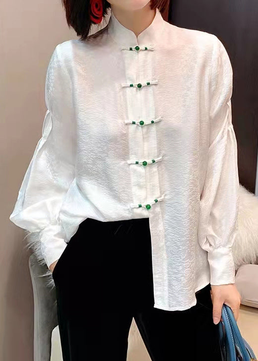 Chinese Style white texture Stand Collar Button Jacquard Silk Blouse Tops lantern sleeve
