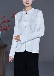 Chinese Style White Stand Collar Chinese Button Silk Blouse Top Spring