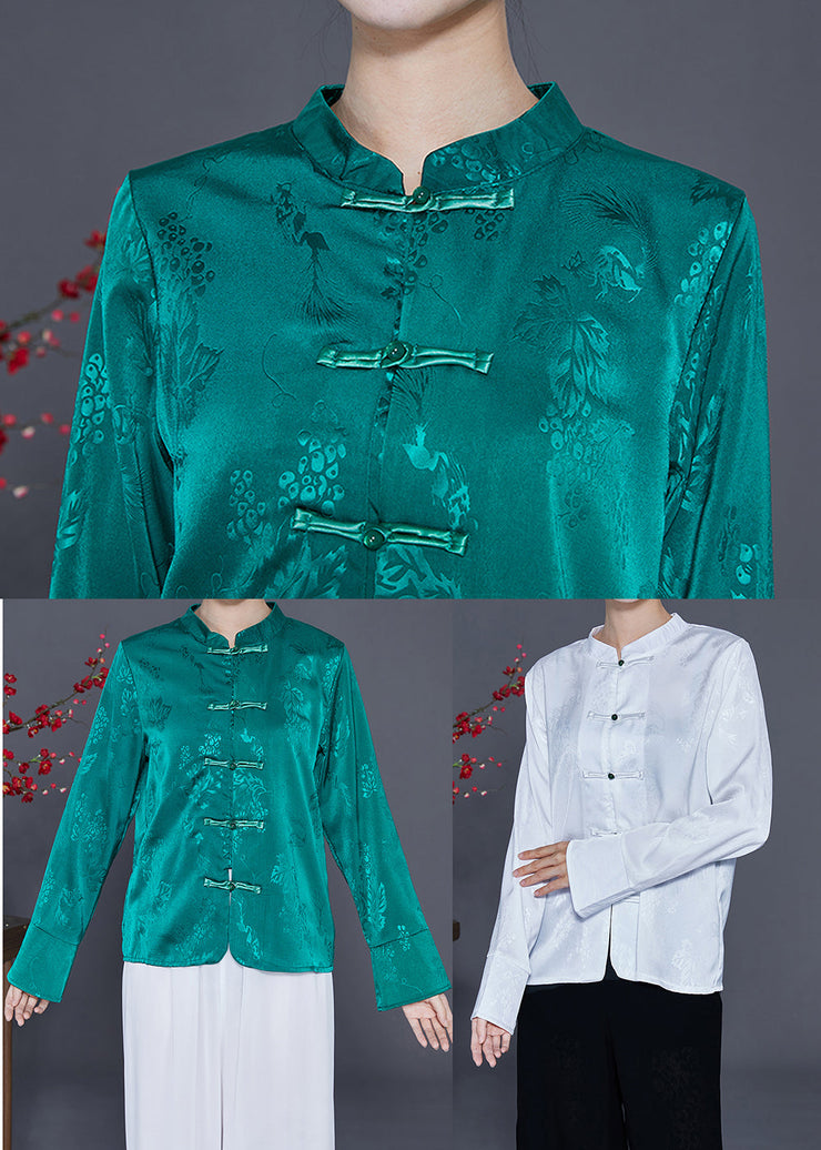 Chinese Style White Stand Collar Chinese Button Silk Blouse Top Spring