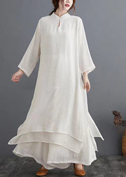Chinese Style White Stand Collar Linen 2 Piece Outfit Spring Summer
