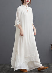 Chinese Style White Stand Collar Linen 2 Piece Outfit Spring Summer