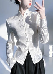 Chinese Style White Stand Collar Oriental Button Silk Shirt Top Spring