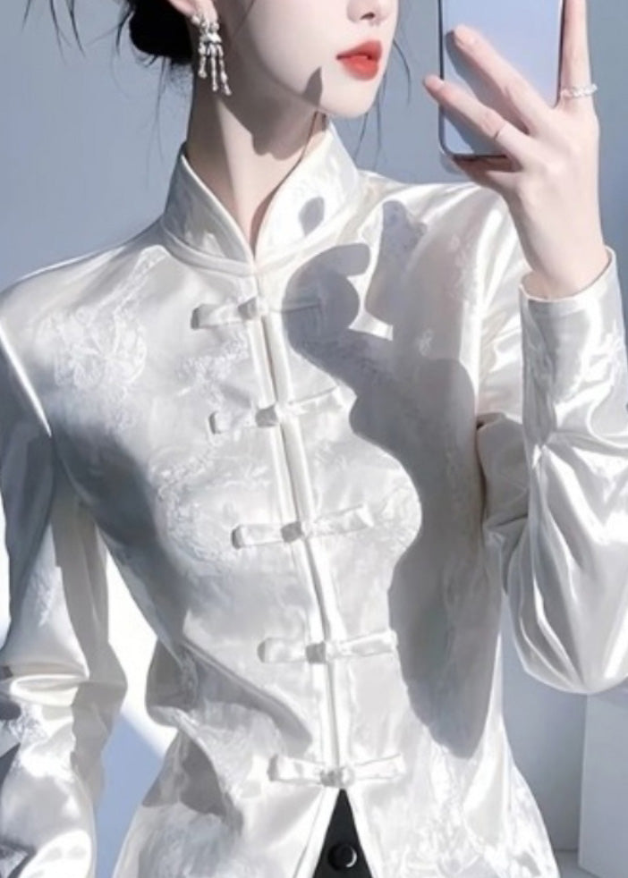 Chinese Style White Stand Collar Oriental Button Silk Shirt Top Spring