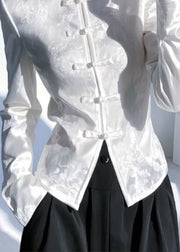 Chinese Style White Stand Collar Oriental Button Silk Shirt Top Spring