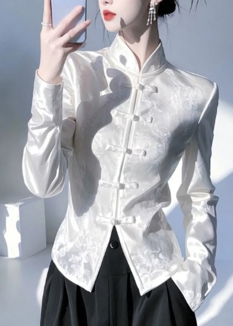 Chinese Style White Stand Collar Oriental Button Silk Shirt Top Spring