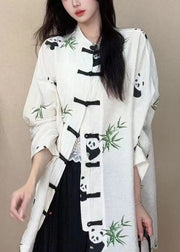 Chinese Style White Stand Collar Print Button Cotton Shirts Long Sleeve
