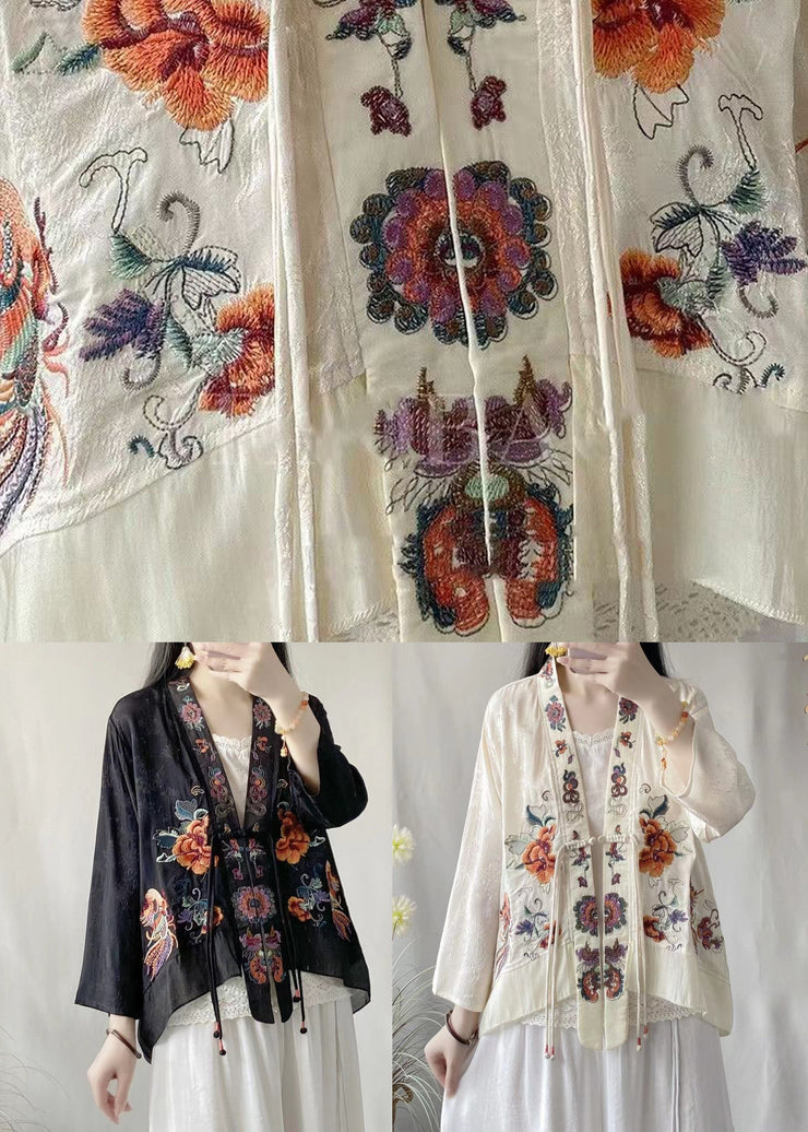 Chinese Style White Tasseled Embroideried Linen Silk Cardigans Spring