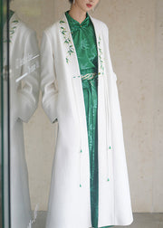 Chinese Style White Tasseled Embroidered Pockets Woolen Coats Winter