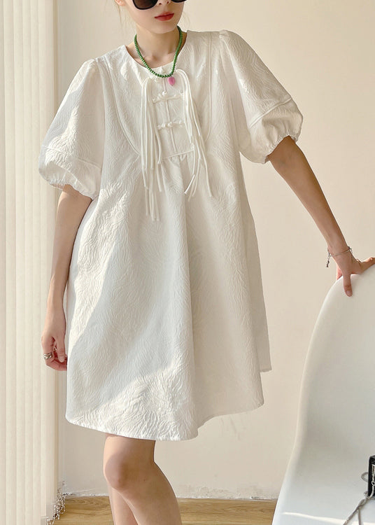 Chinese Style White Tasseled Patchwork Cotton Mid Dress Puff Sleeve