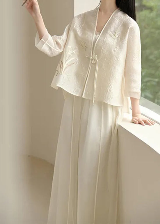 Chinese Style White V Neck Embroidered Tasseled Silk Two Piece Set Outfits Fall