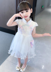 Chinese Style White Zippered Tulle Patchwork Girls Dresses Short Sleeve