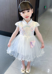 Chinese Style White Zippered Tulle Patchwork Girls Dresses Short Sleeve