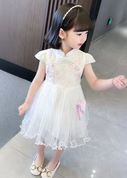 Chinese Style White Zippered Tulle Patchwork Girls Dresses Short Sleeve