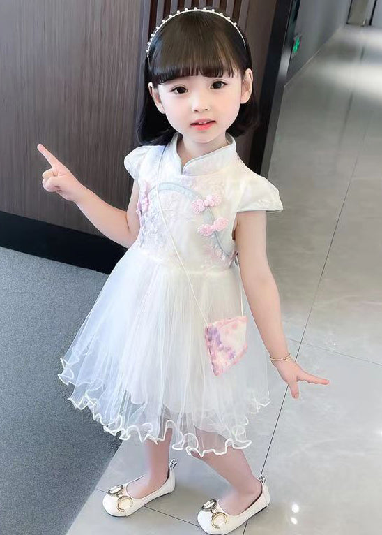 Chinese Style White Zippered Tulle Patchwork Girls Dresses Short Sleeve