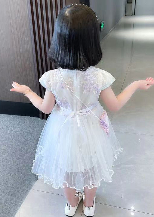 Chinese Style White Zippered Tulle Patchwork Girls Dresses Short Sleeve