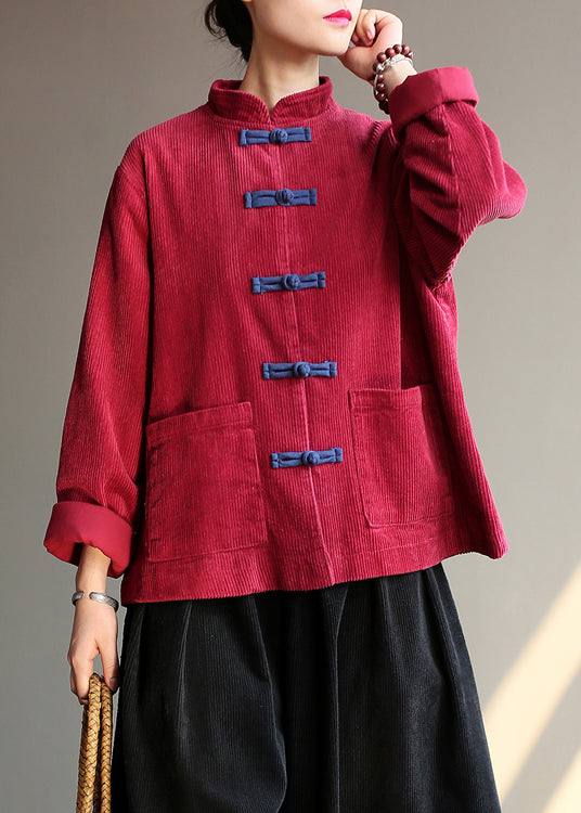 Chinese Style Wine Red Pockets Button Corduroy Coats Long Sleeve