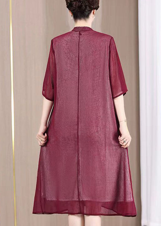 Chinese Style Wine Red Stand Collar Embroidered Patchwork Dress Summer