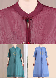 Chinese Style Wine Red Stand Collar Embroideried Patchwork Dress Summer