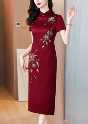 Chinese Style Wine Red Stand Collar Zircon Side Open Silk Dresses Summer