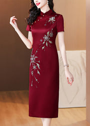 Chinese Style Wine Red Stand Collar Zircon Side Open Silk Dresses Summer