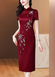 Chinese Style Wine Red Stand Collar Zircon Side Open Silk Dresses Summer