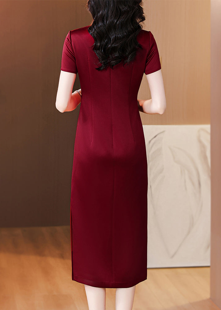 Chinese Style Wine Red Stand Collar Zircon Side Open Silk Dresses Summer