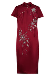 Chinese Style Wine Red Stand Collar Zircon Side Open Silk Dresses Summer