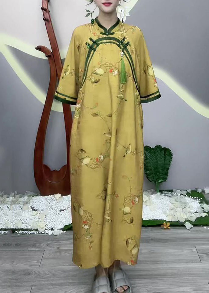 Chinese Style Yellow Button Print Cotton Long Dress Half Sleeve