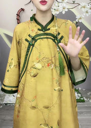 Chinese Style Yellow Button Print Cotton Long Dress Half Sleeve