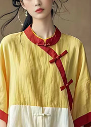 Chinese Style Yellow Button Side Open Cotton Shirt Bracelet Sleeve