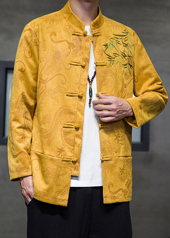 Chinese Style Yellow Embroideried Button Coats Spring