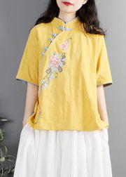 Chinese Style Yellow Embroidered Cotton Shirt Tops Summer