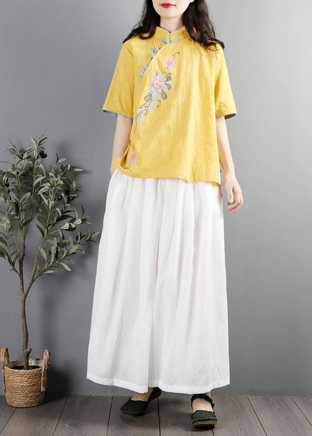 Chinese Style Yellow Embroidered Cotton Shirt Tops Summer