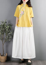 Chinese Style Yellow Embroideried Cotton Shirt Tops Summer