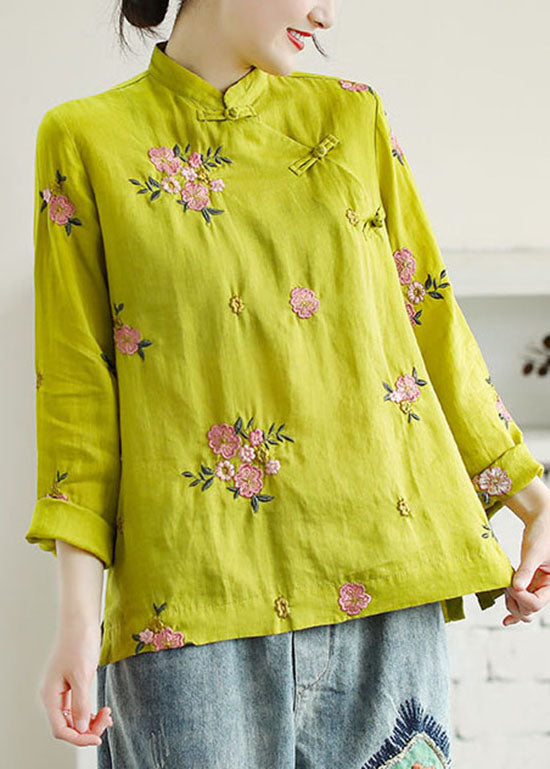 Chinese Style Yellow Embroidered Patchwork Linen Shirt Tops Spring