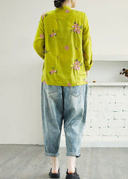 Chinese Style Yellow Embroidered Patchwork Linen Shirt Tops Spring