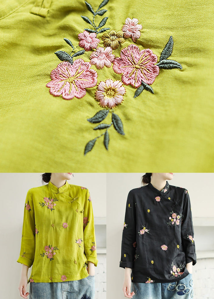 Chinese Style Yellow Embroidered Patchwork Linen Shirt Tops Spring