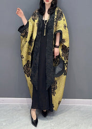 Chinese Style Yellow Floral Patchwork Cotton Cardigan Batwing Sleeve